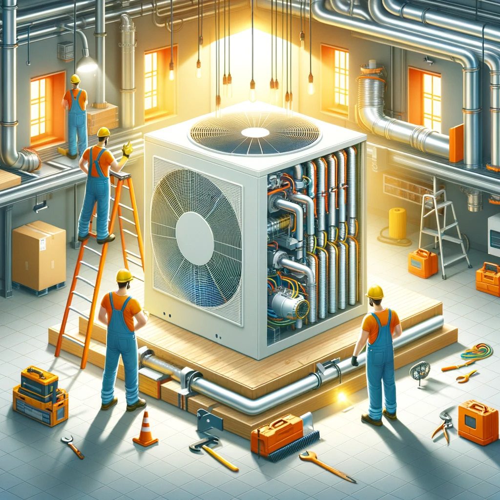 HVAC technicians installing a modern air conditioning unit